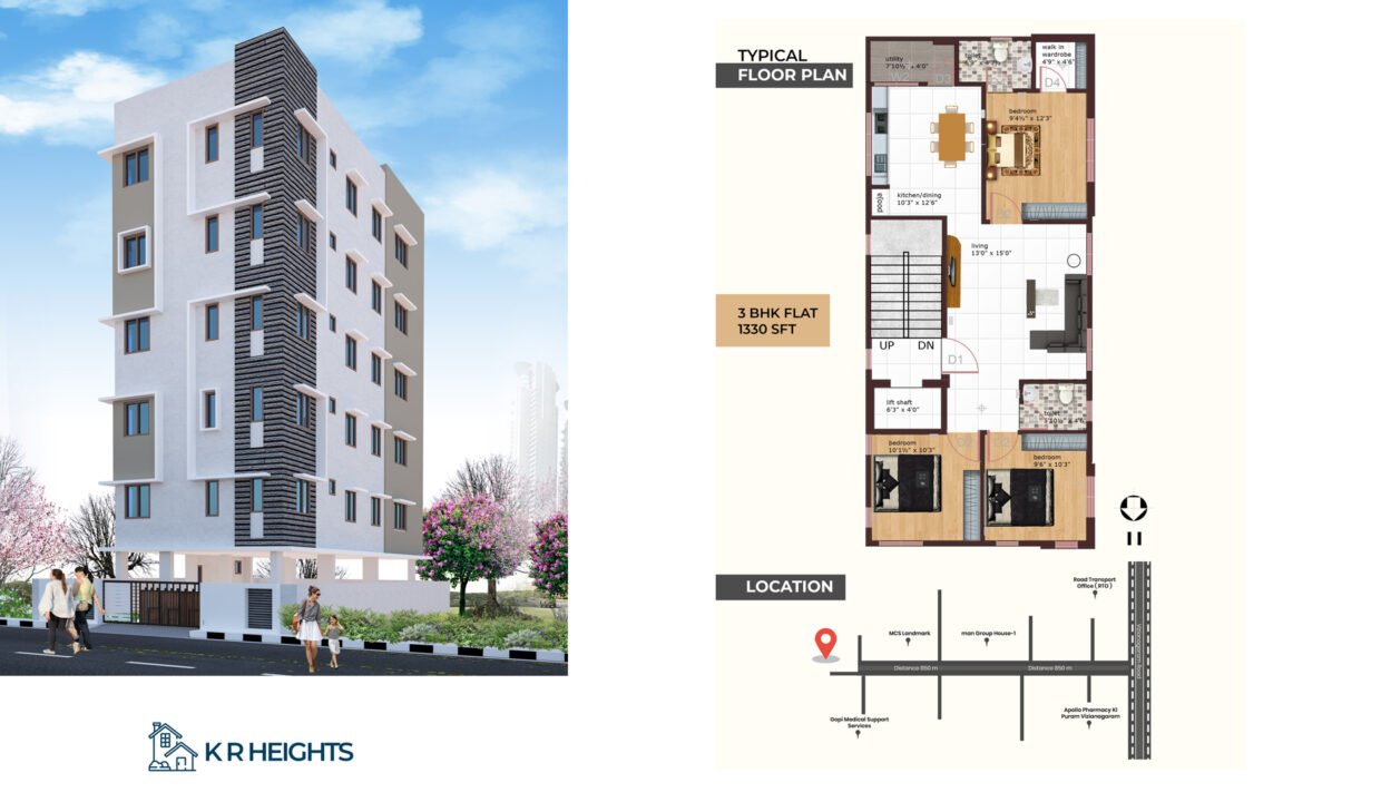 3 BHK @1250 sft+car parking (360 sft) with lift per sft @ Rs. 2999/- only, ready to occupy in Vizianagaram, Andhra Pradesh